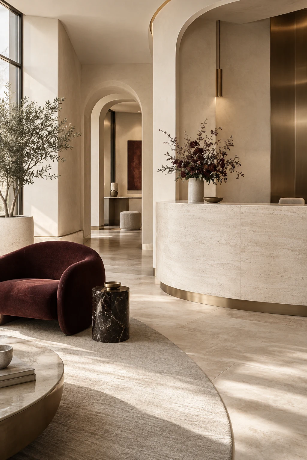 Elegant clinic reception with natural stone, warm light and burgundy furnishings